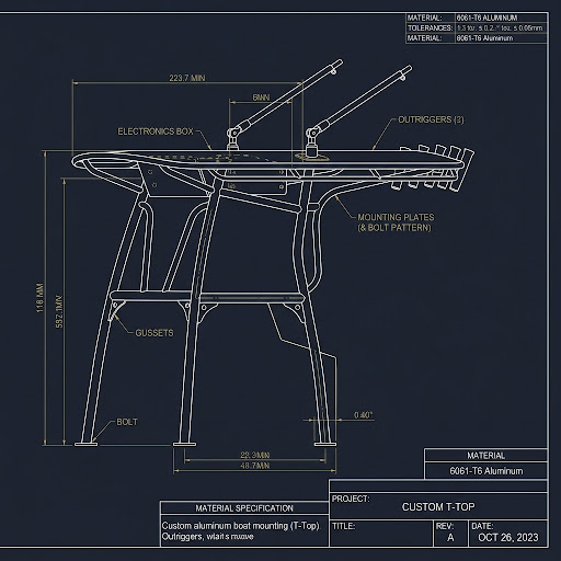Engineering schematic drawing for center console tower structure